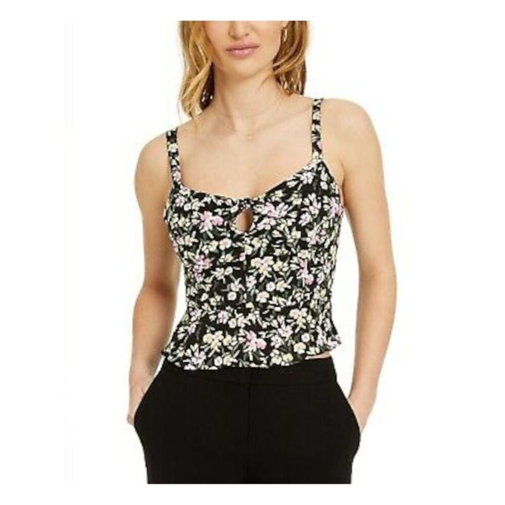 BAR III Womens Black Floral Spaghetti Strap Square Neck Top Size: L - Picture 1 of 1